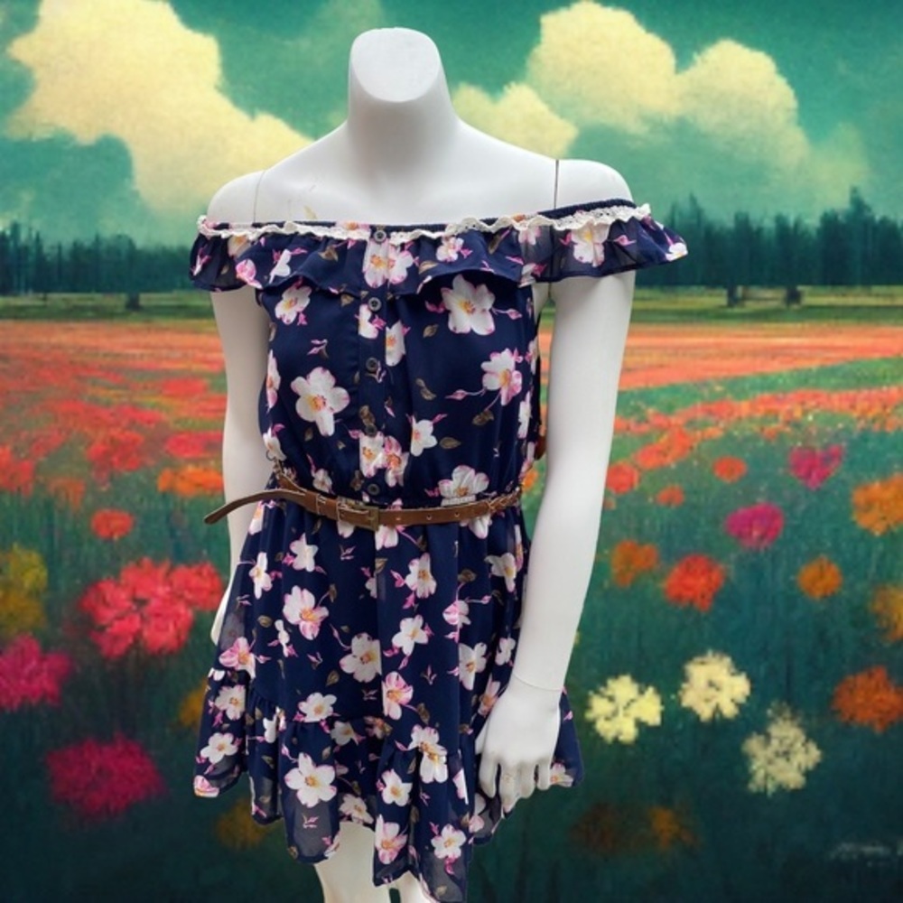 Rachael & Chloe Kids Size 8 Navy Floral Ruffle Off Shoulder Dress Belted